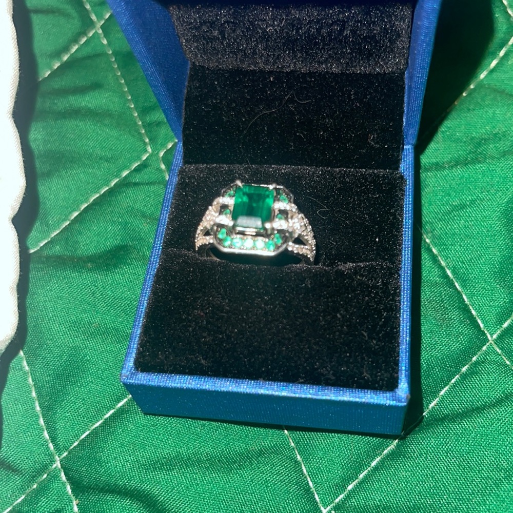 Emerald cut ring lab created stones .925 sterling silver